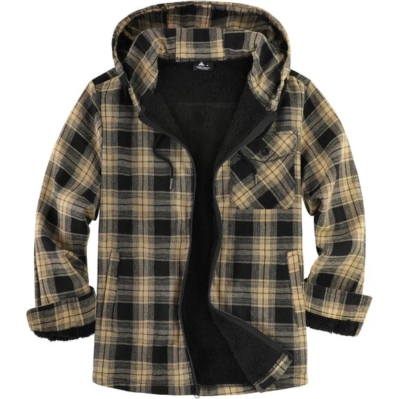 Men's Khaki Black Flannel Plaid Jacket Warm Sherpa Lined Fleece Hoodies .